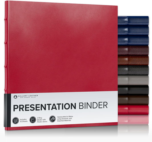 Gallery Leather 3 Ring Binder with Plastic Sleeves, Includes 10 Sheets, Sheet Size: 8.5" x 11" - Presentation Binder Rings with Hubbed Spine, Thick: 0.75" Camden Red