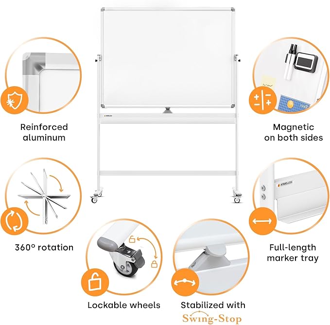 Rolling Dry Erase Board 48 x 36 - Large Portable Magnetic Whiteboard with Stand - Double Sided Easel Style Whiteboard with Wheels - Mobile Standing White Board for Office, Classroom & Home