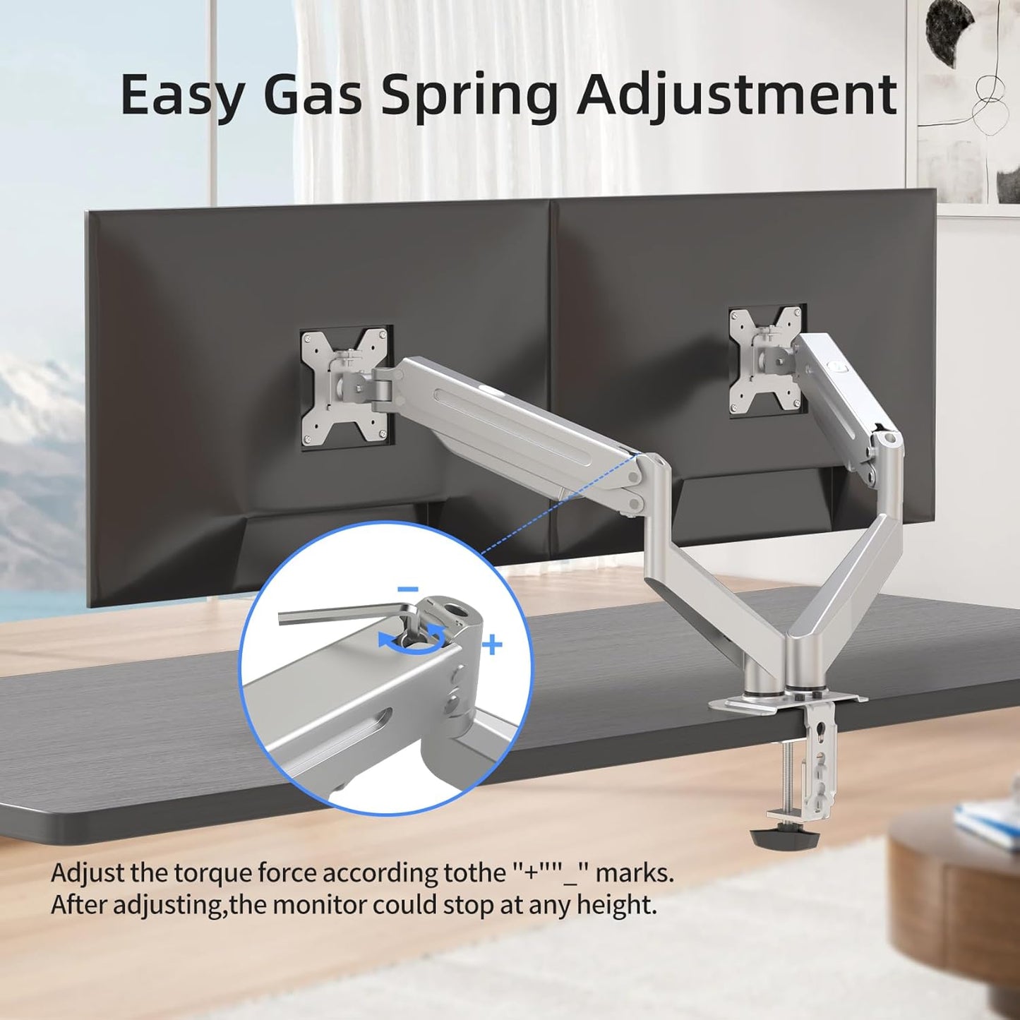 Suptek Dual Monitor Mount Stand-Height Adjustable Gas Spring Monitor Arm Desk Mount for 2 Computer Screens 17 to 27 inches - Each Arm Holds up to 13.2lbs,Silver(MD8SPS)