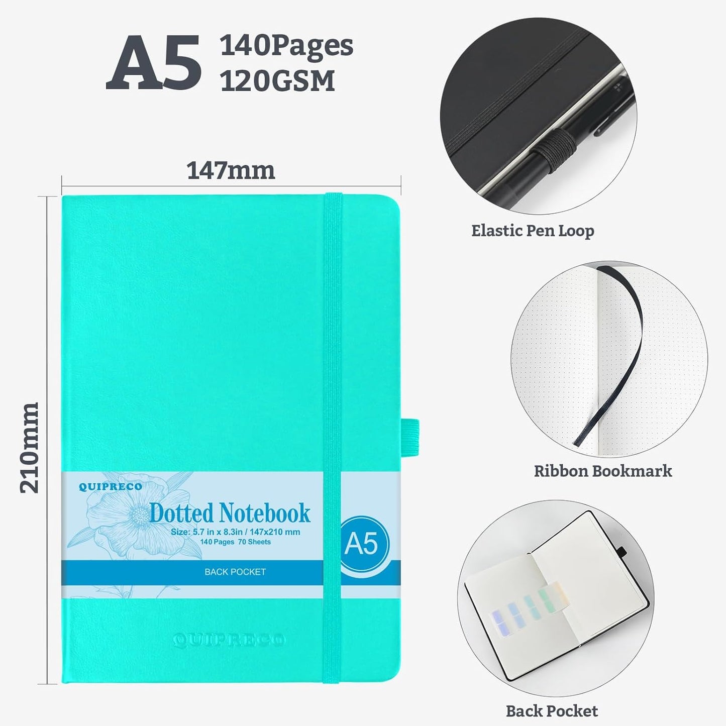Bullet Dotted Hardcover Journal Notebook, A5 140 Pages 120Gsm Thick Paper for School,Note Taking,Work,Diary，5.7''*8.3'',Turquoise