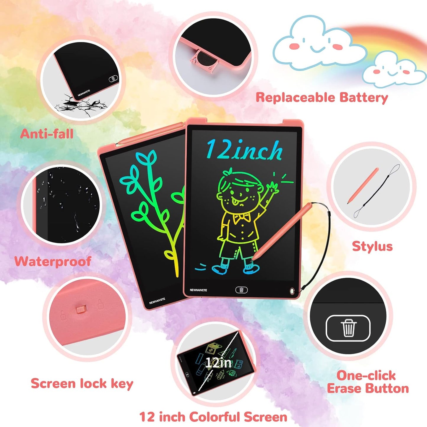 LCD Writing Tablet, 12 Inch Toddler Doodle Board, Colorful Drawing Tablet, Erasable Electronic Drawing Writing Pads, Educational Toys Gifts for Kids Age 3 4 5 6 7 8 Year Old Girls Boys