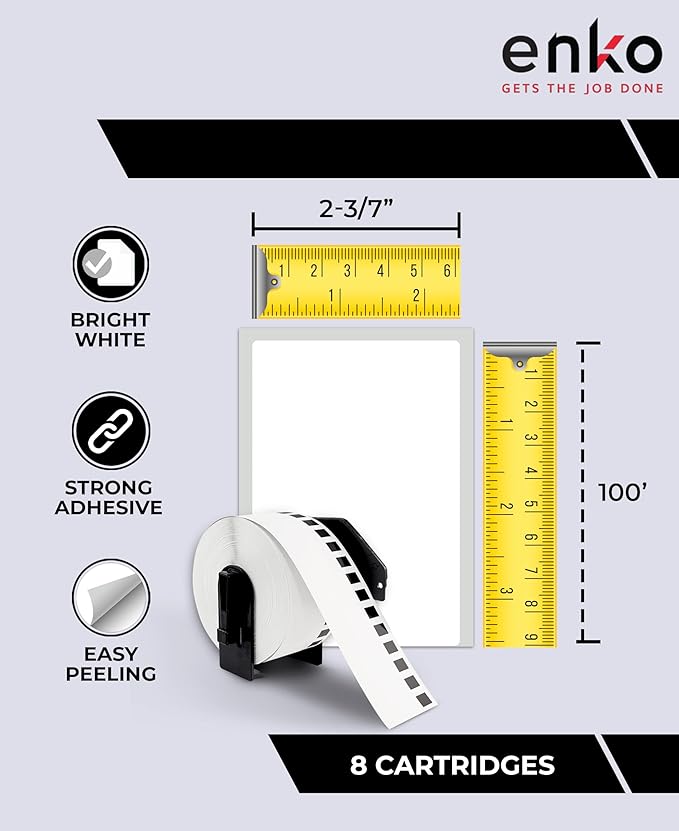 enKo - Compatible DK-2205 Continuous Paper Labels (2.4 Inch x 100 Feet) Compatible for Brother QL Label Printers - 24 Rolls with 8 Refillable Cartridge Frames