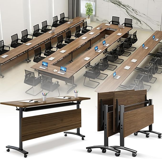 Folding Conference Room Table, Modern Conference Tables with Wheels, Large Rectangular Mobile Training Tables for Office Classroom, Foldable Modular Boardroom Seminar Table Walnut (2pack L63in)