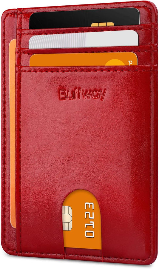 Buffway Slim Minimalist Front Pocket RFID Blocking Leather Wallets for Men and Women - Alaska Cherry