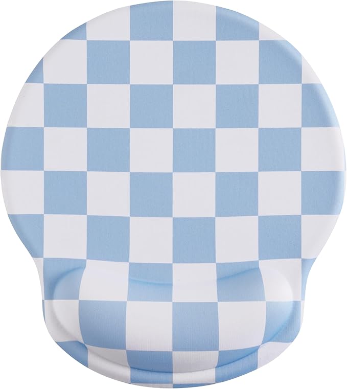 Blue Checkered Mouse Pad with Gel Wrist Rest, Wrist Support, Ergonomic Desk Accessories for Women, Office Laptop Gaming Decor, Cute Aesthetic Trendy Check Design