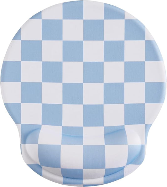 Blue Checkered Mouse Pad with Gel Wrist Rest, Wrist Support, Ergonomic Desk Accessories for Women, Office Laptop Gaming Decor, Cute Aesthetic Trendy Check Design