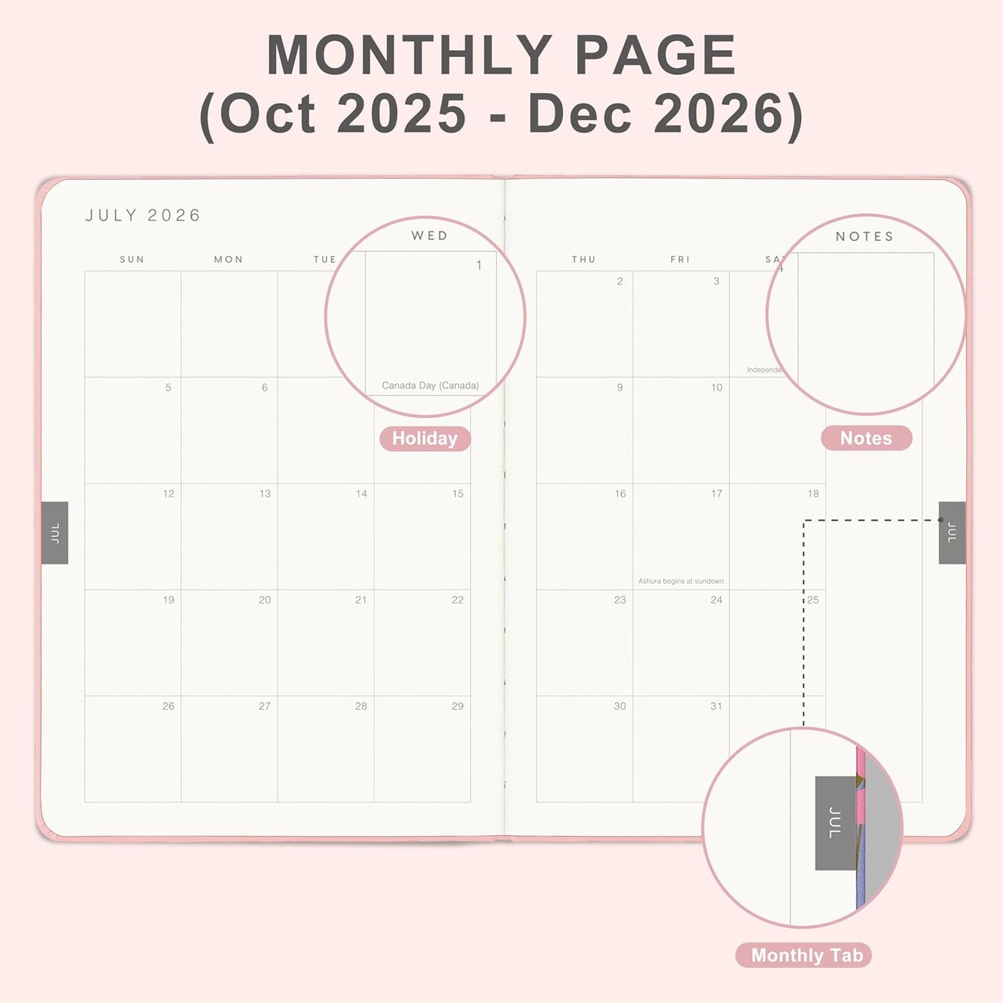 And Per Se 2026 Planner-Daily, Weekly & 15-Monthly Leather Hardcover Planner, 5.7" x 8", Daily Schedule, Monthly Tabs, 100 GSM Thick Paper, Back Pocket(Pink)