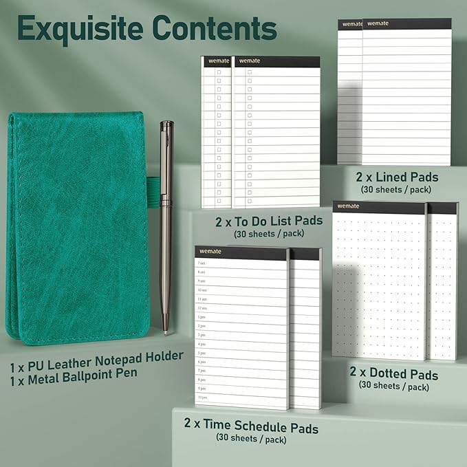 WEMATE 10 Pieces Small Notepad Holder Set Pocket Notebook - Included Mini Pocket Notepad Holder Set with 8 Memo Book Refills and Metal Pen for Meetings, Daily Records, and Notes 3 x 5 Inch (Green)