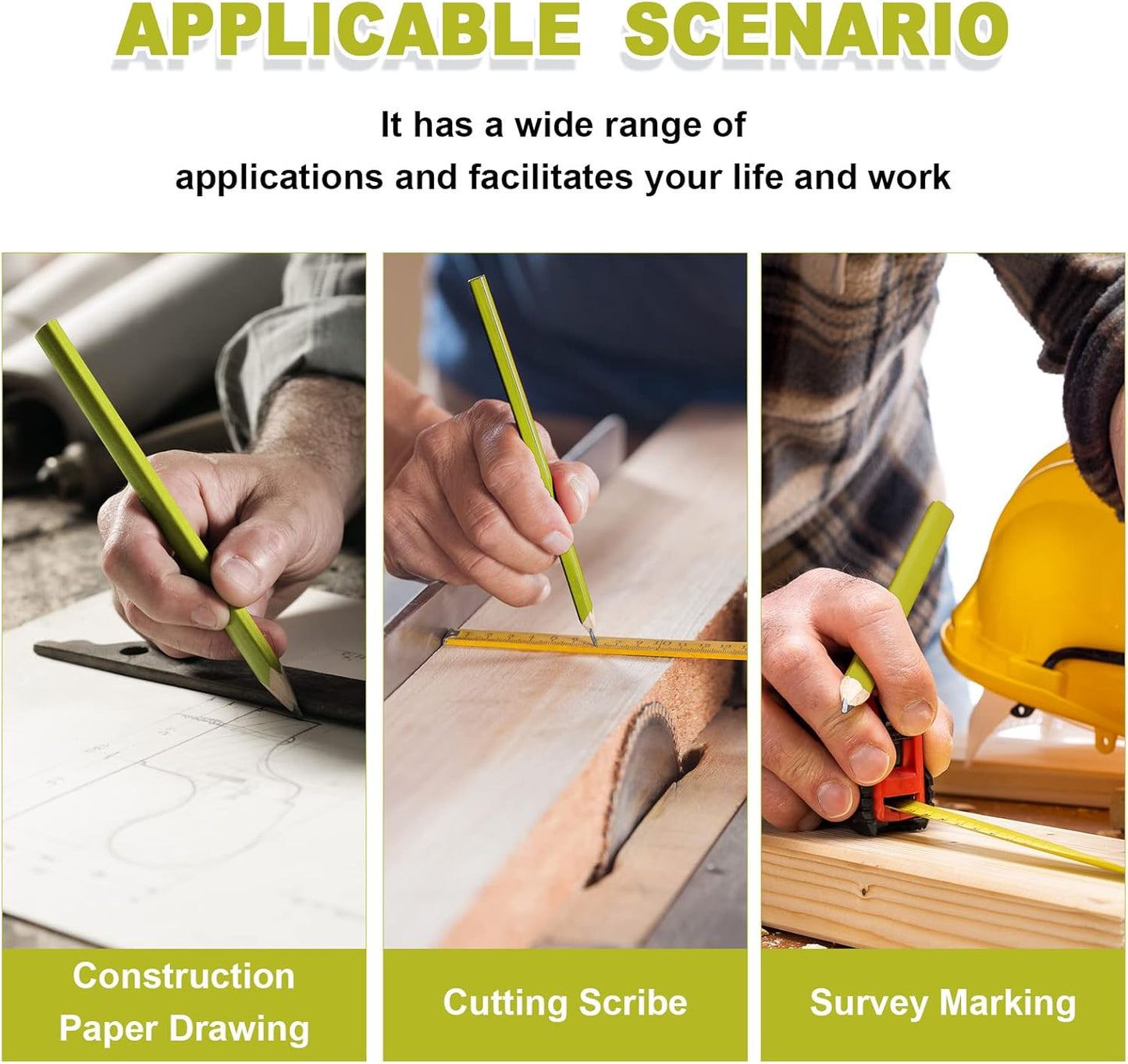 Honoson 200 Pcs Flat Construction Pencils with Printed Ruler Wood Graphite 2 Pcs Carpenter Pencil Sharpener for Woodworking Marking Tool(Yellow)