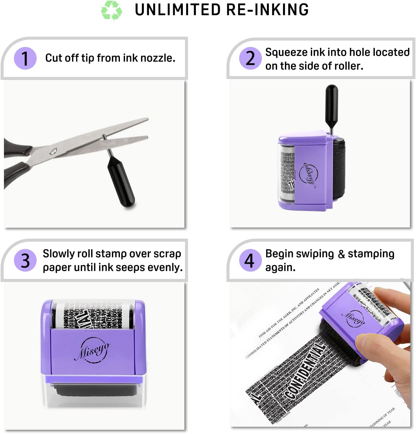 Miseyo Identity Theft Protection Roller Stamp Set - Purple (6 Refill Ink Incleded)