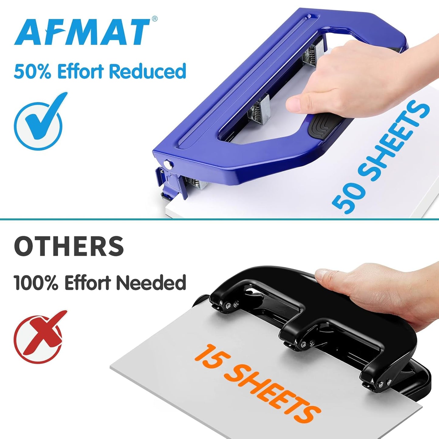 AFMAT 3 Hole Punch, Metal Heavy Duty Paper Punch with 50-Sheet Capacity and Removable Punch Heads for 2 Hole Punch Function, Large Chip Tray, Blue