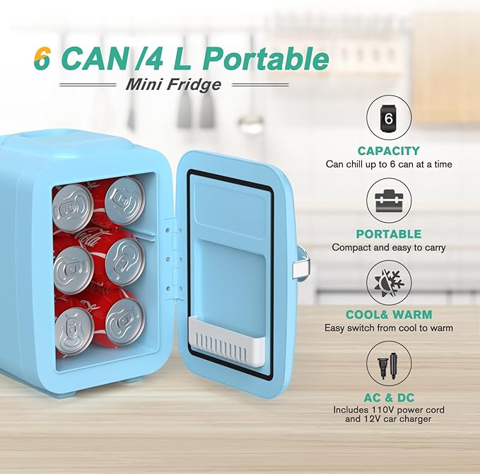 CROWNFUL Mini Fridge, 4 Liter/6 Can Portable Cooler and Warmer Personal Fridge for Skin Care, Cosmetics, Food,Great for Bedroom, Office, Car, Dorm, ETL Listed (Blue)