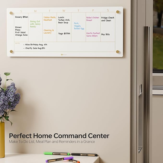 Glass Golden Weekly Dry Erase Calendar White Board for Wall, to Do List & 7 Days Planner Whiteboard for Home Office, 23x9.5, 4 Wet Erase Markers Included, Yeoux