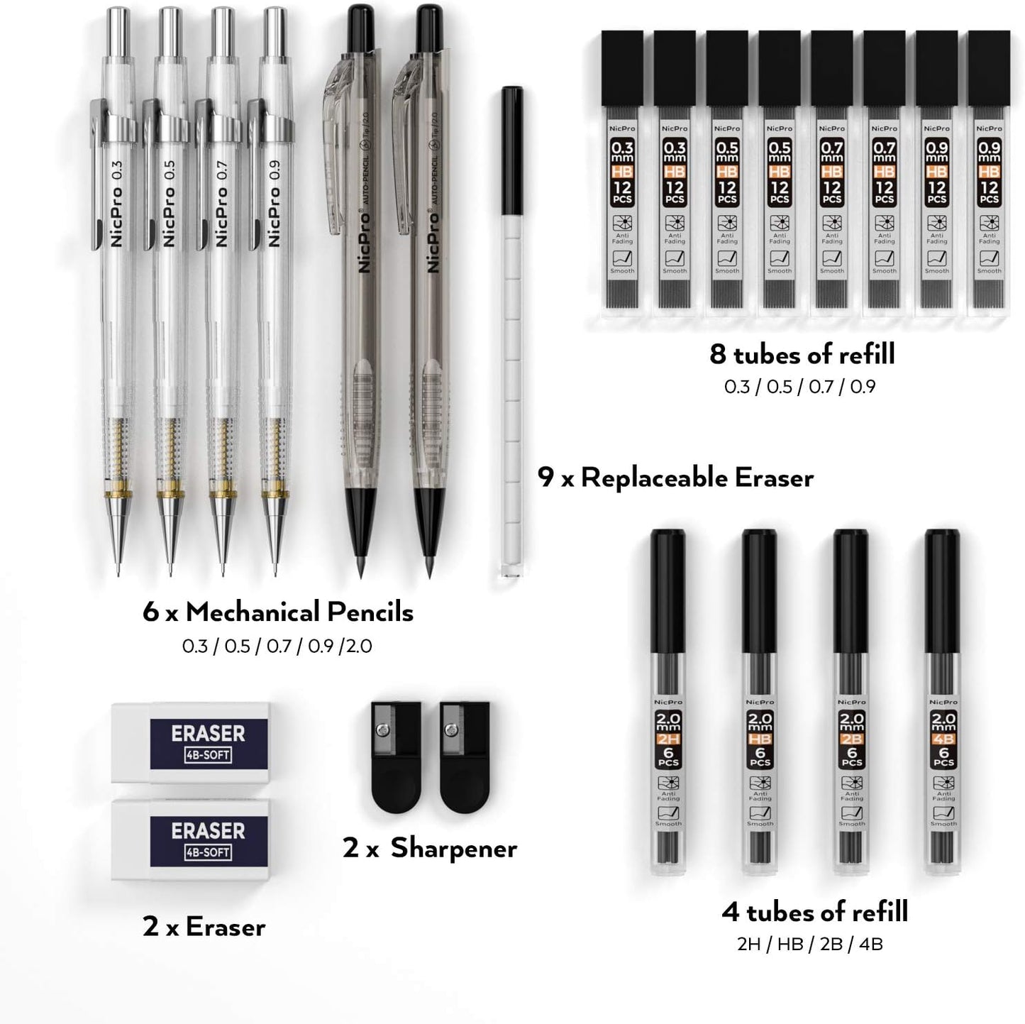 Nicpro 6PCS Art Mechanical Pencil Set, 4PCS Drafting Pencils 0.3 & 0.5 & 0.7 & 0.9 mm & 2PCS 2mm Lead Holder (4B 2B HB 2H) For Writing, Sketching Drawing With 12 Tube Lead Refills Erasers Case