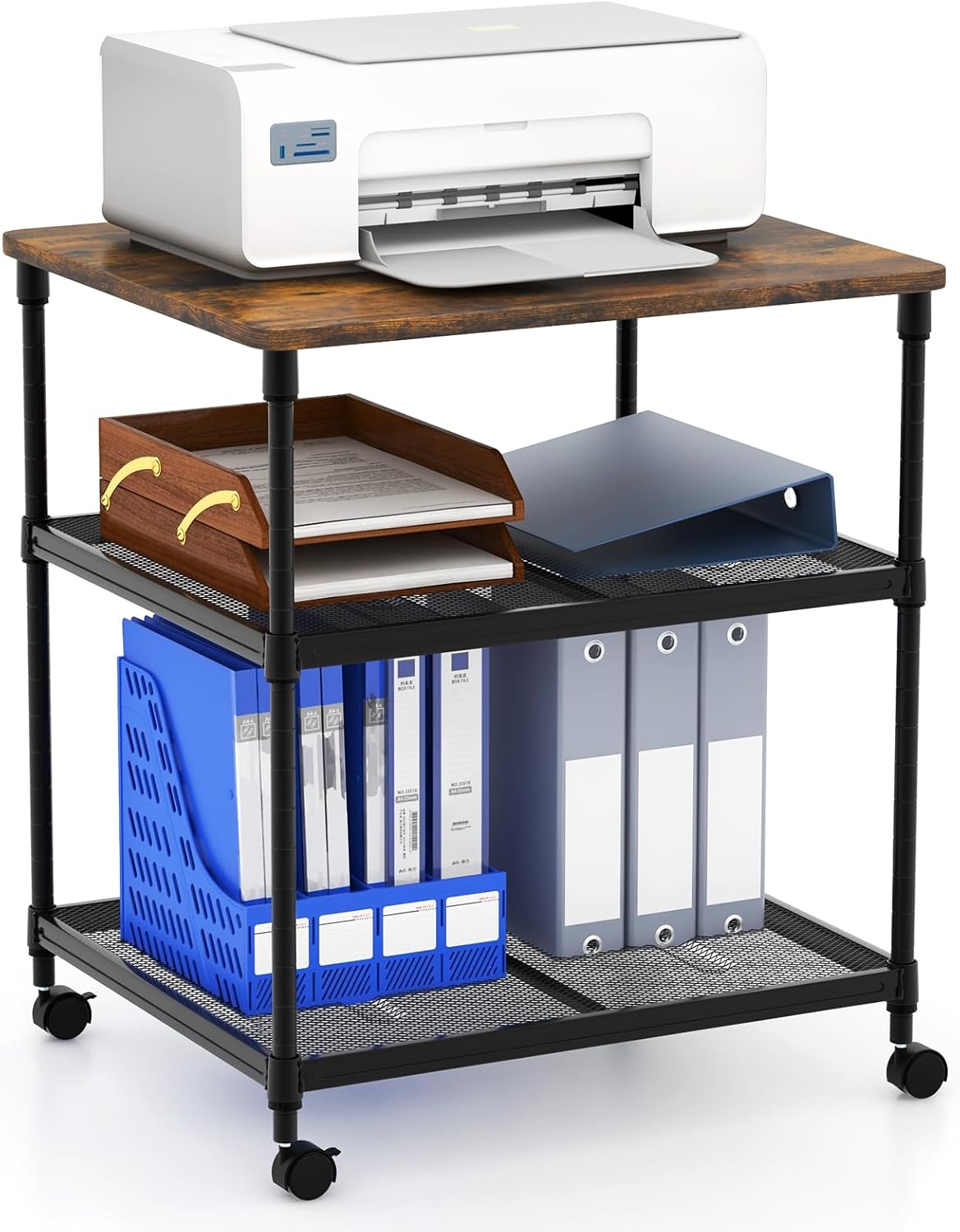 Tangkula 3-Tier Printer Stand, Multifunctional Utility Cart with Ample Storage Space, Rolling & Lockable Wheels, Sturdy Metal Frame, Adjustable Heights, Printer Cart (Rustic Brown)