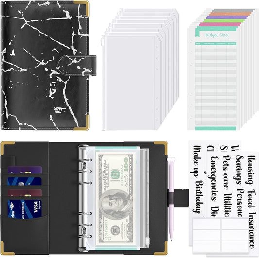 Rnivvi Budget Binder with Zipper Envelopes, A6 Money Saving Binder Cash Envelopes for Budgeting, PU Leather Planner Money Organizer for Cash Bills, Cute Marble System Wallet for Women Men, Black