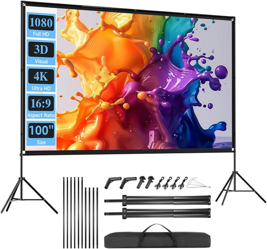 Outdoor Projector Screen with Stand, SCREENMAX 100 inch Foldable Projector Screens with Portable Carry Bag, 16:9 4k HD Rear Front Wrinkle-Free Projection Screen for Movie Night and Indoor Home Theater