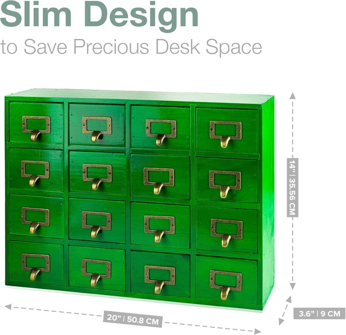 Emerald Green Wood 16-Drawer Apothecary Small Cabinet - 20" x3.6”x14” Card Catalog Style Table Top Organizer - Wooden Storage Box w/16 Drawers - 4-Level Countertop Organizer w/Label Holders & Handles