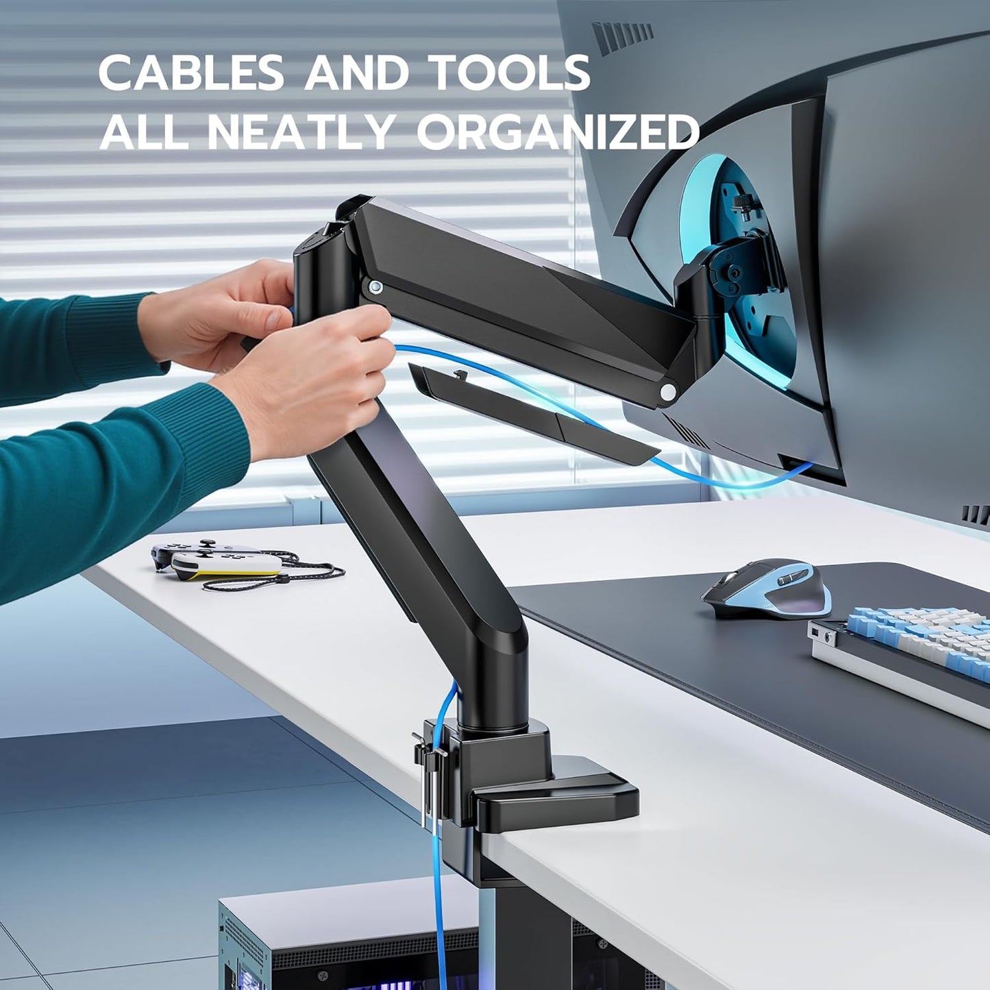 ARES WING Single Monitor Arm, Heavy Duty Adjustable Monitor Arm for 13"-45" Screens with USB, Gas Spring Desk Mount Stand with C Clamp/Grommet Mounting Base up to 40lbs Computer, Black