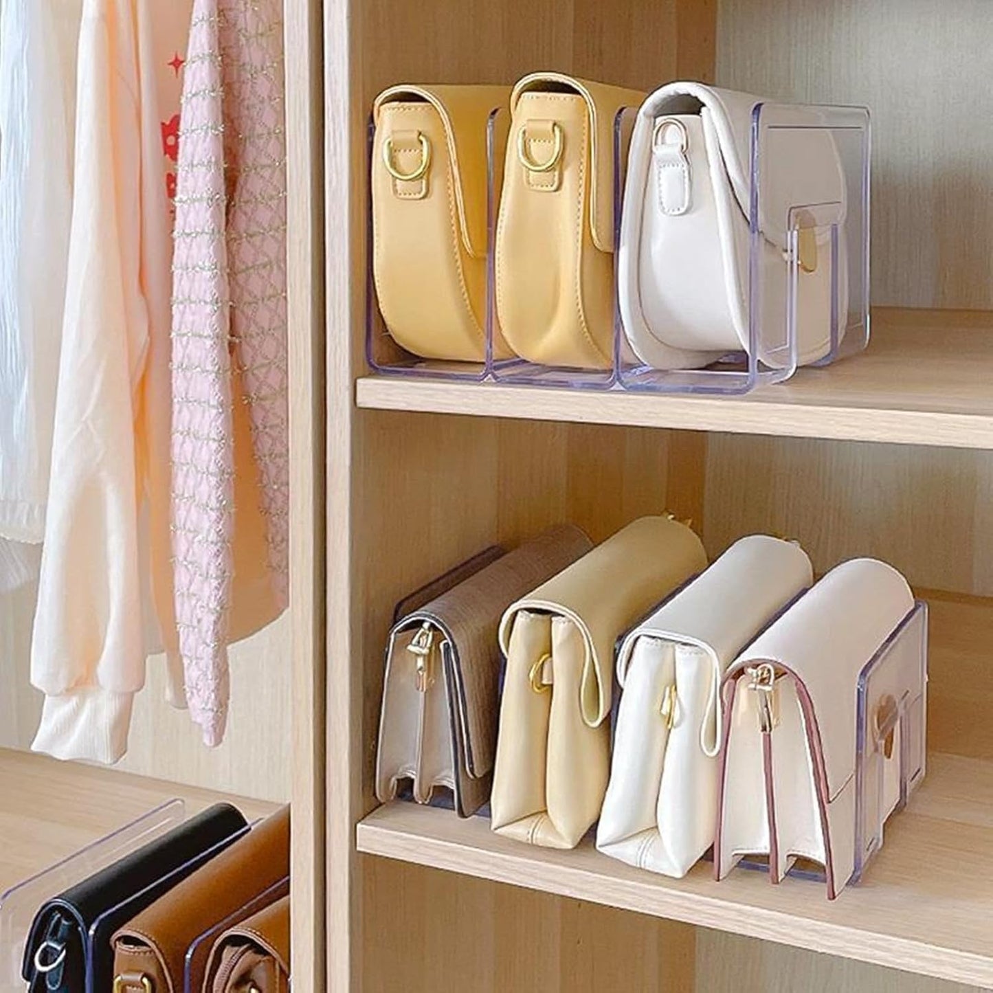 YAGELI Clear Acrylic Purse/Handbag Organizer - 3 Sections Divider for Closet Storage - Sturdy Organizer Rack for Purses, Handbags, and Clutches(2Pack-3Sections)