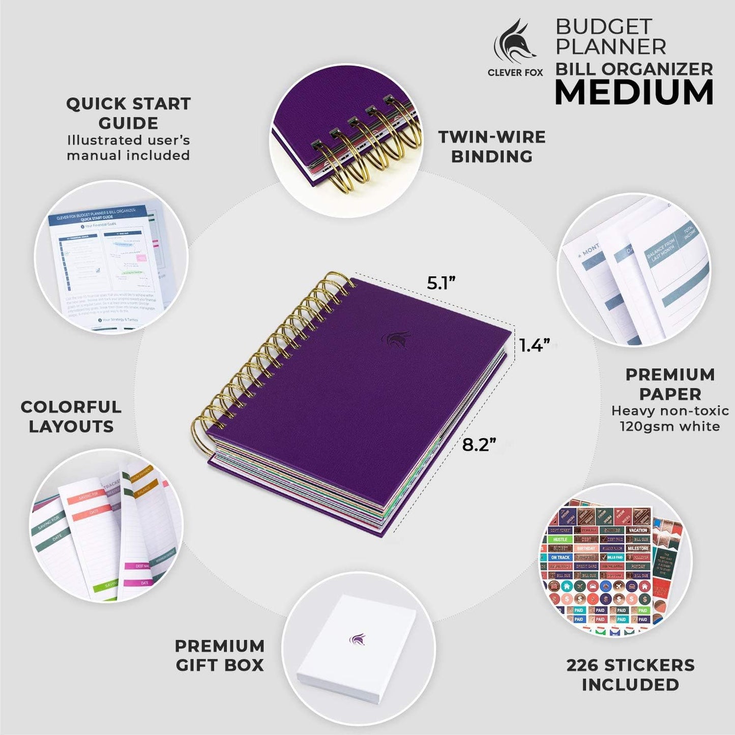 Clever Fox Budget Planner & Monthly Bill Organizer With Pockets. Expense Tracker, Budgeting Journal & Financial Book. Medium, 5.1x8.2" (Purple)