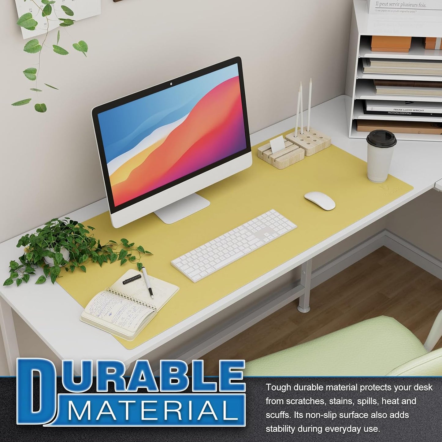 K KNODEL Large Office Leather Desk Mat, Mouse and Keyboard Pad, Computer and Laptop Mat, Desktop Protector and Cover, Writing Pad and Blotter (35.4"x17", Yellow)