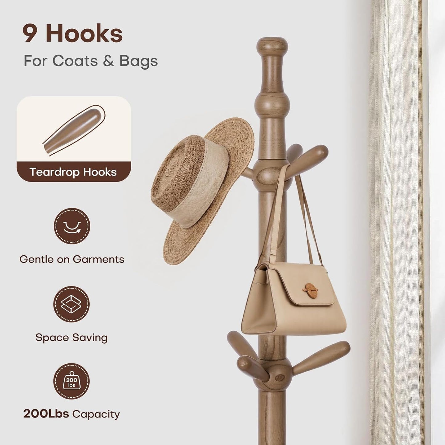 Wooden Coat Rack Stand - Coat Rack Freestanding with 9 Hooks, Adjustable Height, Clothes Hat Organizer, Heavy Duty Coat Hanger Stand for Bedroom, Entryway, Hallway, Office, Dorm, Walnut