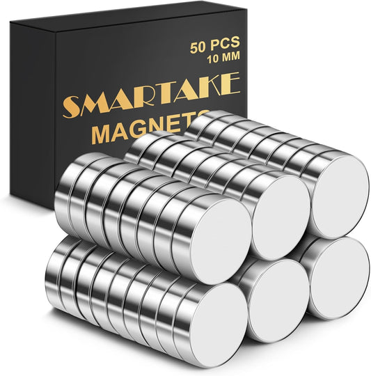 SMARTAKE 50 Pcs Rare Earth Magnets, Multi-Use Premium Neodymium Fridge Magnets, for Refrigerator, Office, Whiteboard, Crafts, DIY Hobbies, Kitchen, Science, Billboard, 10x2.3mm (Silver)