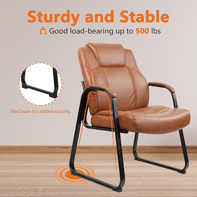 CLATINA Big & Tall 500 lb. Guest Chair, PU Leather Office Reception Chairs with Sled Base, Desk Chair No Wheels for Waiting Room Conference Lobby Computer Living Room, Brown