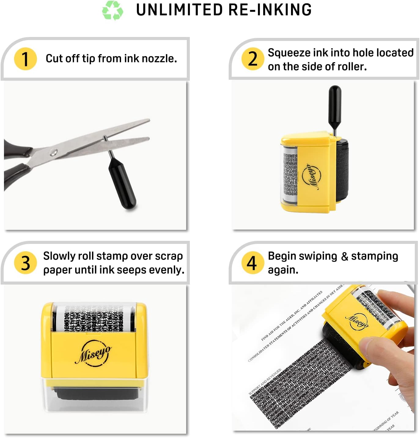Miseyo Wide Identity Theft Protection Roller Stamp Set - Yellow (3 Refill Ink Included)