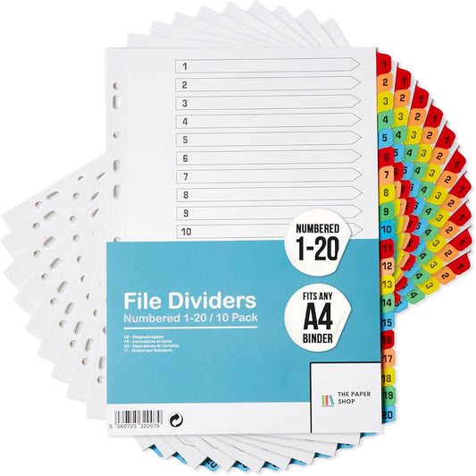 Binder Dividers with Tabs 1-20 Numbered – A4 (10 Pack) | Dividers for 3 Ring Binder | Numbered Tab Dividers for Office, School & Home Organization - The Paper Shop