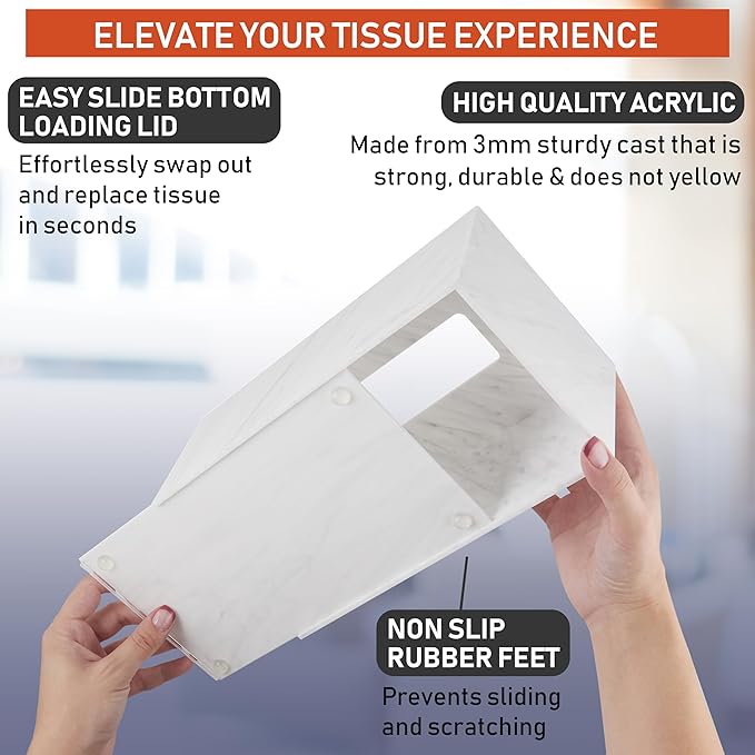 Acrylic Tissue Box Holder, Clear Dispenser for Facial Tissues, Napkins, and Dryer Sheets. Perfect for Bathrooms, Desks, Countertops, Vanities, Bedrooms, and Nightstands (Rectangle, Marble)