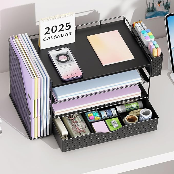 gianotter Wood Desk Organizers and Accessories with File Holder, 4-Tier Desk Accessories & Workspace Organizers with Drawer and Pen Holder, Paper Organizer for Office Supplies (Black)