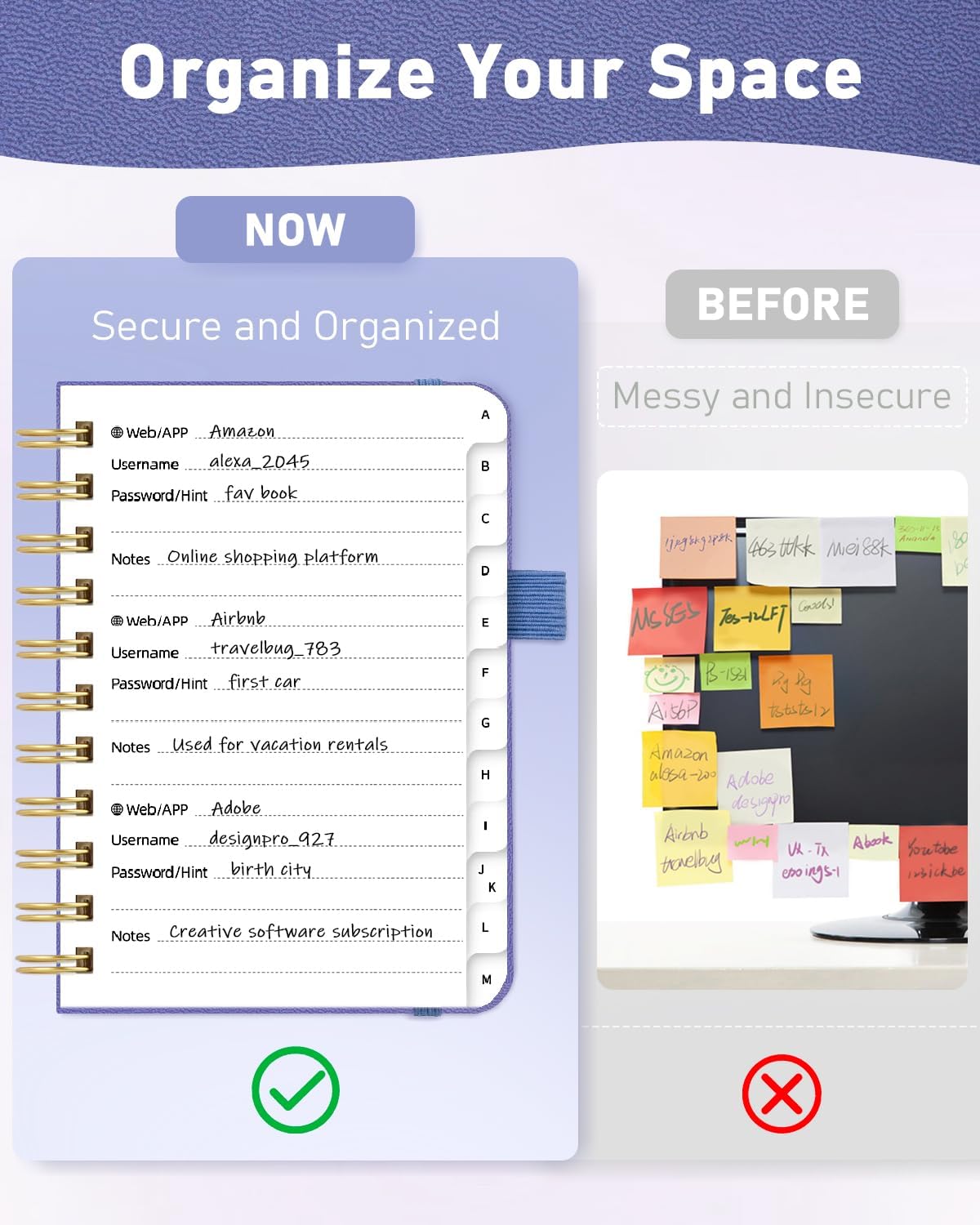 WEMATE Password Book with Alphabetical Tabs, Spiral Password Keeper Book for Seniors, Internet Password Notebook Password Journal Logbook Log in Detail, Small – 4.7''x 6'' (Purple)
