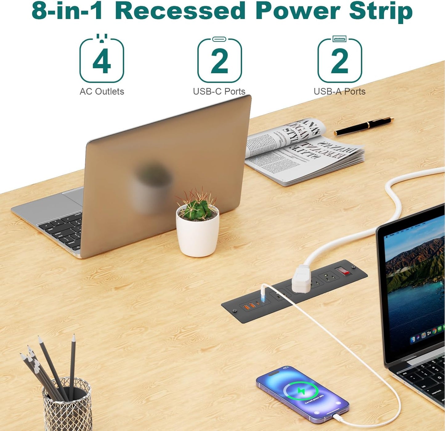QBA Recessed Power Strip with USB-C 65W, 4 Outlets 2 USB-C & 2 USB-A Ports, Mountable Desk Outlet for Conference Furniture, 45° Angled Flat Plug 6FT Cord, Black