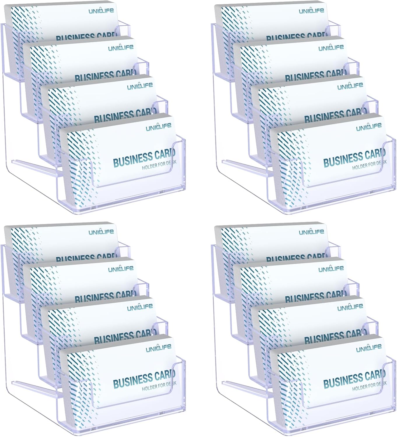 Uniclife 4 Pack Acrylic Business Card Holder for Desk 4 Slots Clear Business Card Display Stand for Men & Women Desktop Business Card Organizer Card Stand for Office Home Exhibition, 240 Card Capacity