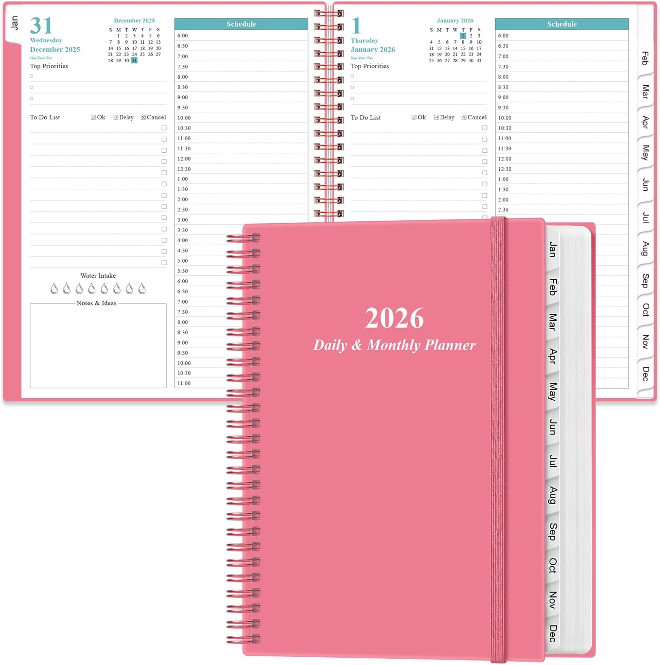 2026 Daily & Monthly Planner - One Page Per Day, Daily Planner from January 2026 - December 2026, Planner 2026 with 12 Monthly Tabs, 8.5" x 11", Pink