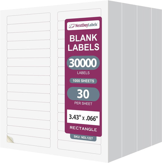 NextDayLabels - 3-7/16" x 2/3" Rectangular Sticker Labels for Printer - White Laser/Inkjet Printer Labels Return Address Labels Shipping Label Stickers (1000 Sheets, 30 Per Sheet, 3000 Labels)