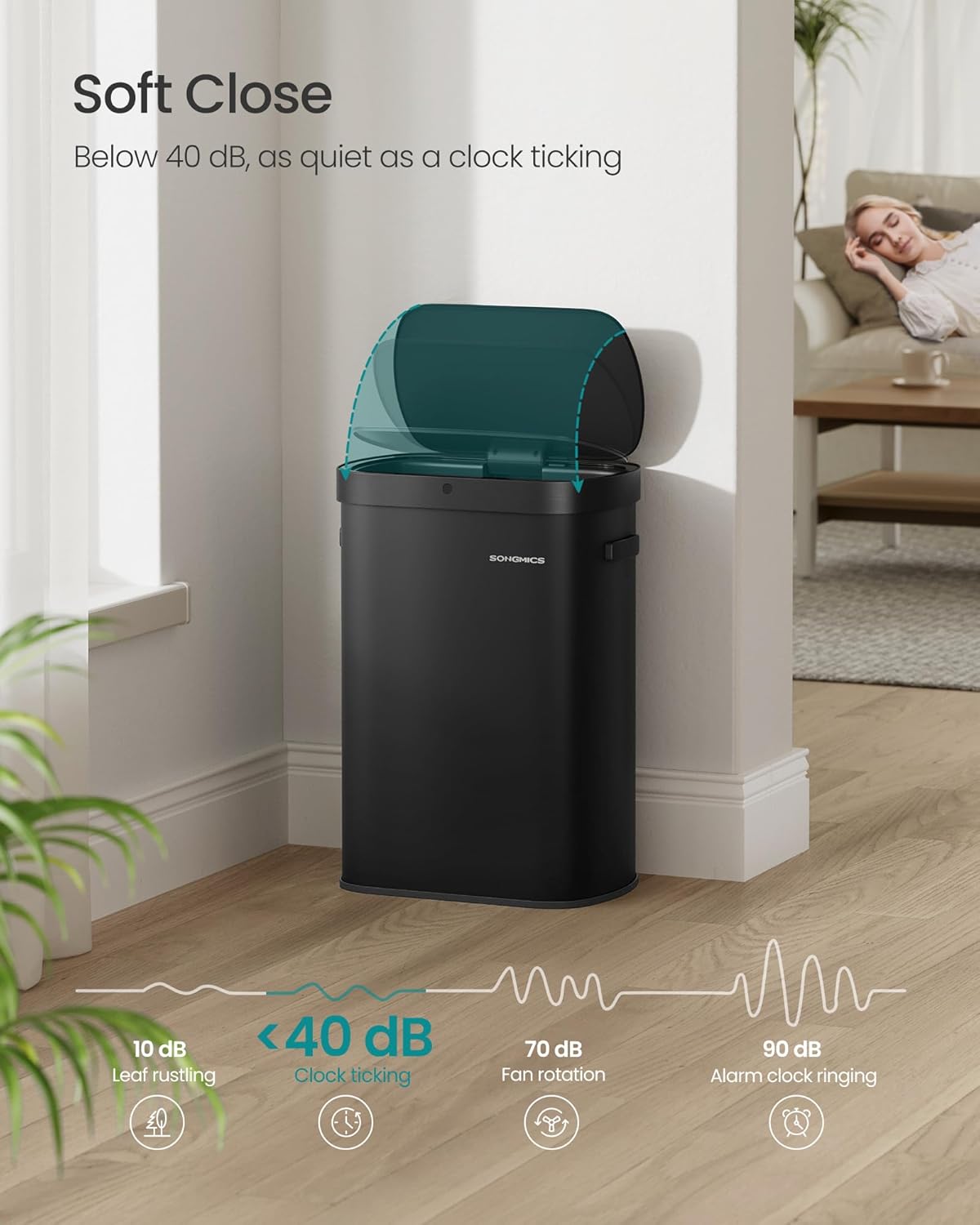 SONGMICS Motion Sensor Trash Can, 13-Gallon (50 L) Automatic Garbage Can with Soft Close Lid, Stainless Steel, Wave or Touch to Open, Includes 15 Bags, Ink Black ULTB640B01