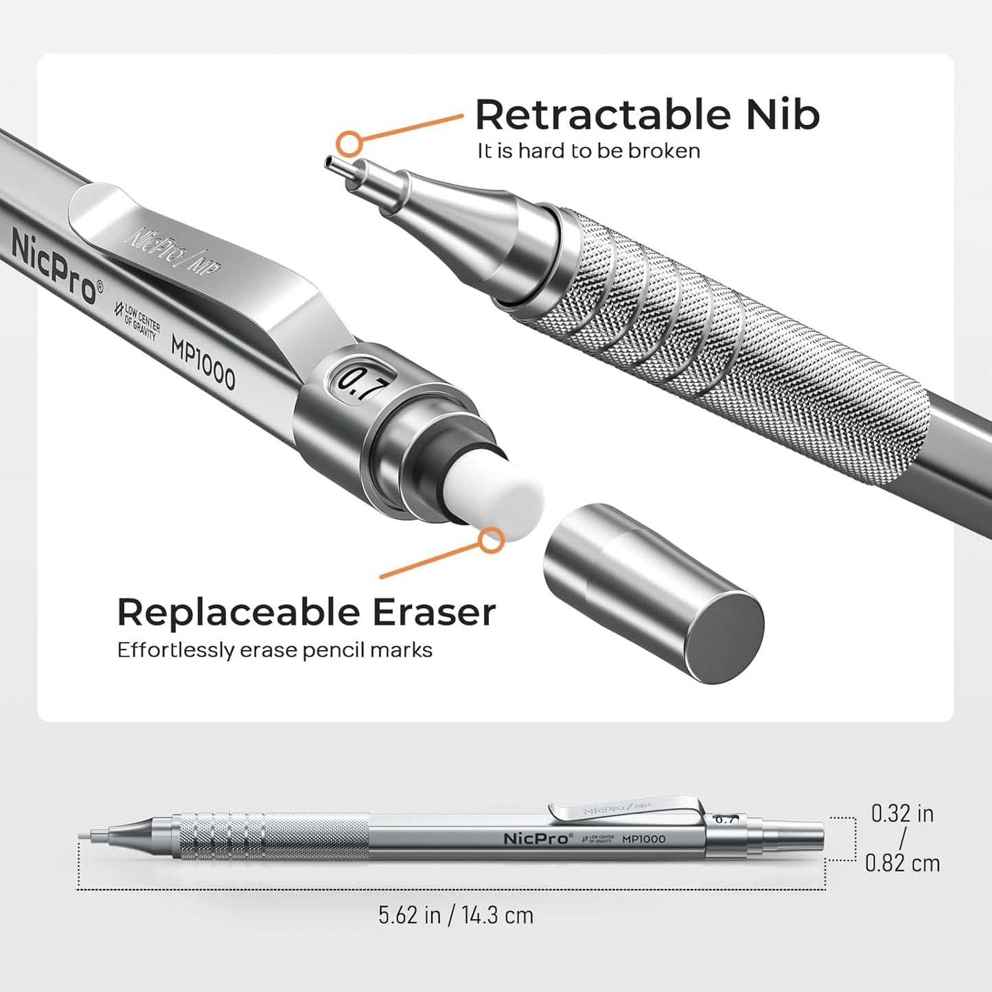 Nicpro 35PCS Silver Metal Mechanical Pencils Set in Case, Art Drafting Pencil 0.5, 0.7, 0.9 mm & 3PCS 2mm Graphite Lead Holder for Drawing Sketching With 20 Tube Lead Refills(6B 4B 2B HB 2H 4H Colors)