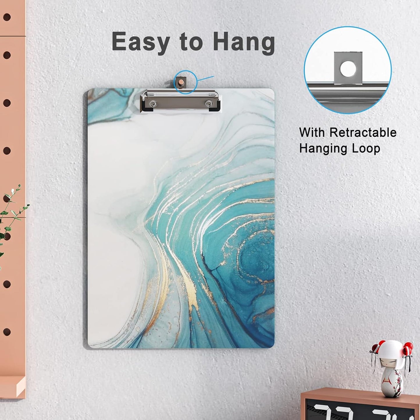 Clipboard Design Decorative Wood A4 Letter Size Clip Boards for Classroom Office, Standard Size 9" x 12.5" with Low Profile Metal Clip - Light Blue Marble