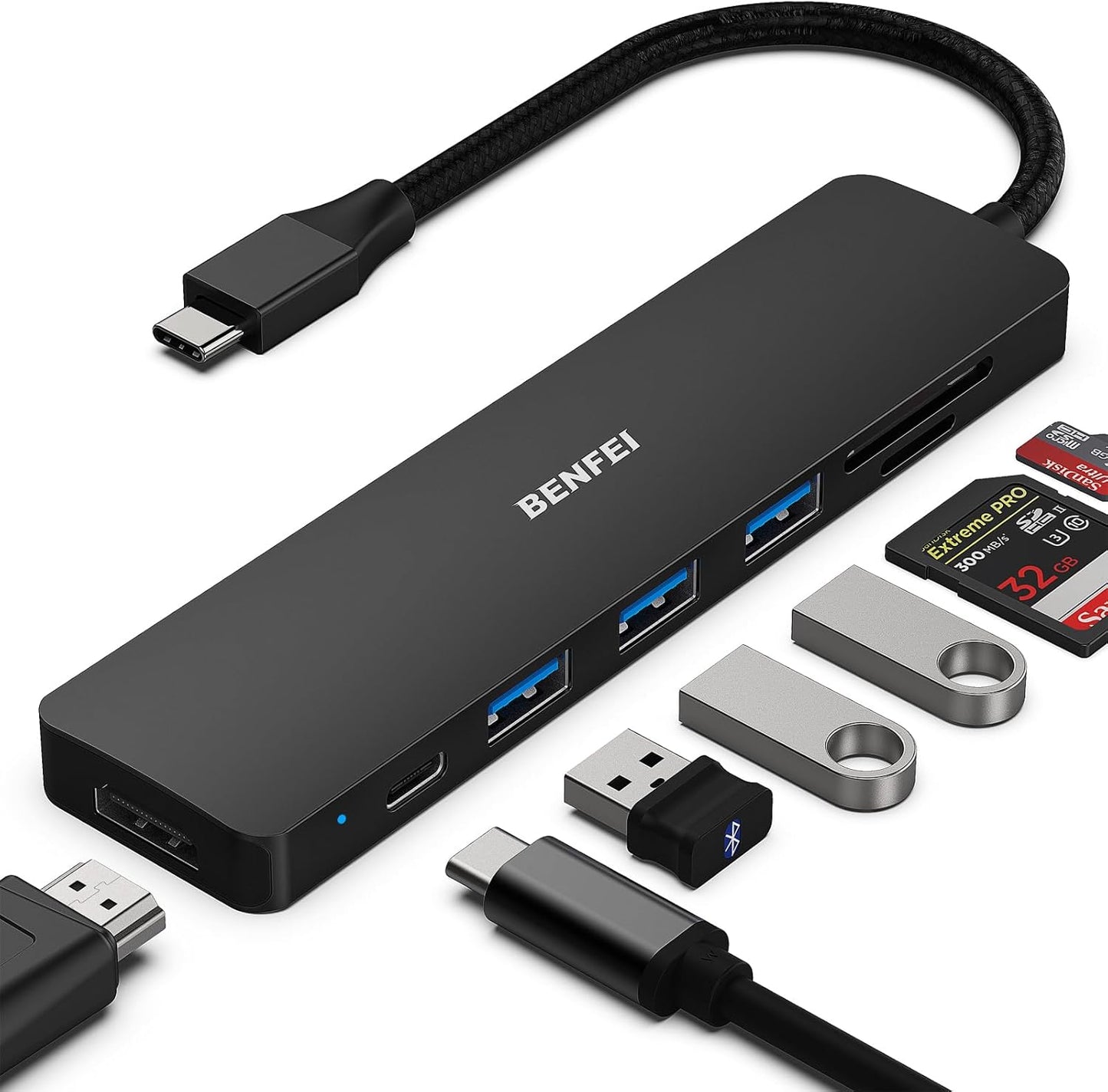 BENFEI USB C HUB 7-in-1, USB-C HUB Multiport Adapter with HDMI (4K @ 60Hz Certified)/100W Power Delivery/3*USB 3.0 5Gbps/SD/TF Card Reader (160MB/s) for iPhone 15 Pro/Max MacBook iPad Pro iMac S23