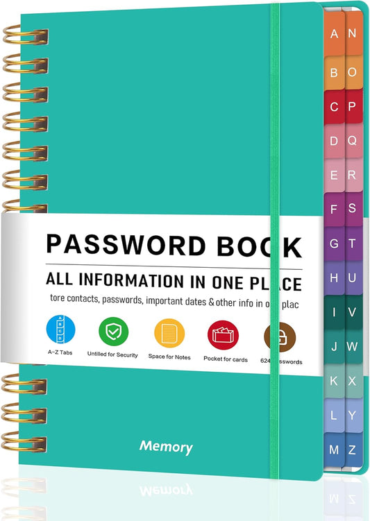 Spiral Password Book with Alphabetical Tabs – 4" X 5.5" Small Password Keeper Book with Inner Pocket for Seniors , Large Print, Hardcover, 468 Logins – Internet Password Organizer Notebook for Home & Office Use