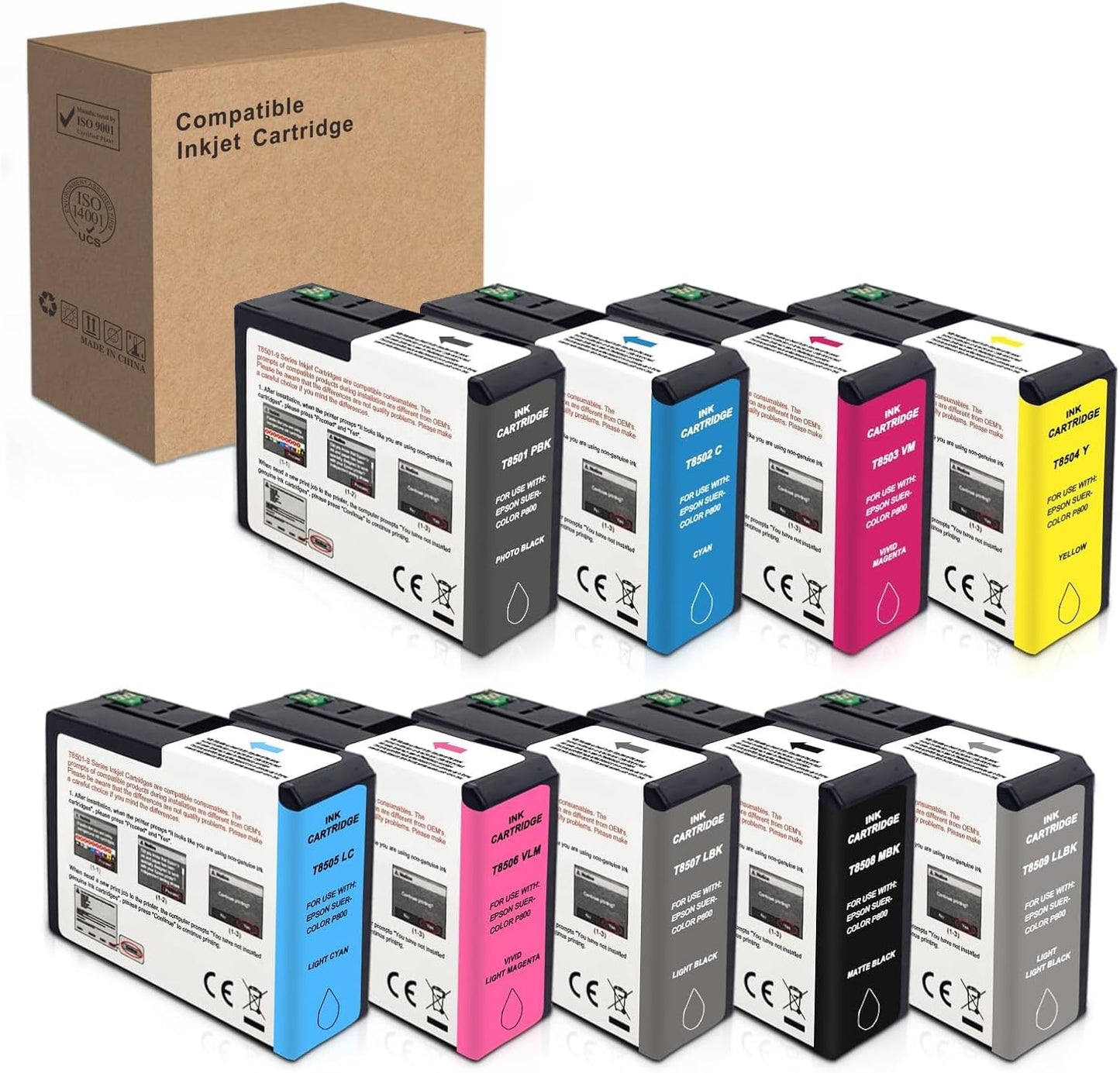 T850 Ink Cartridge Remanufactured T8501 T8502 T8503 T8504 T8505 T8506 T8507 T8508 T8509 Ink Cartridge Replacement for Surecolor P800 Printer(9-Color)