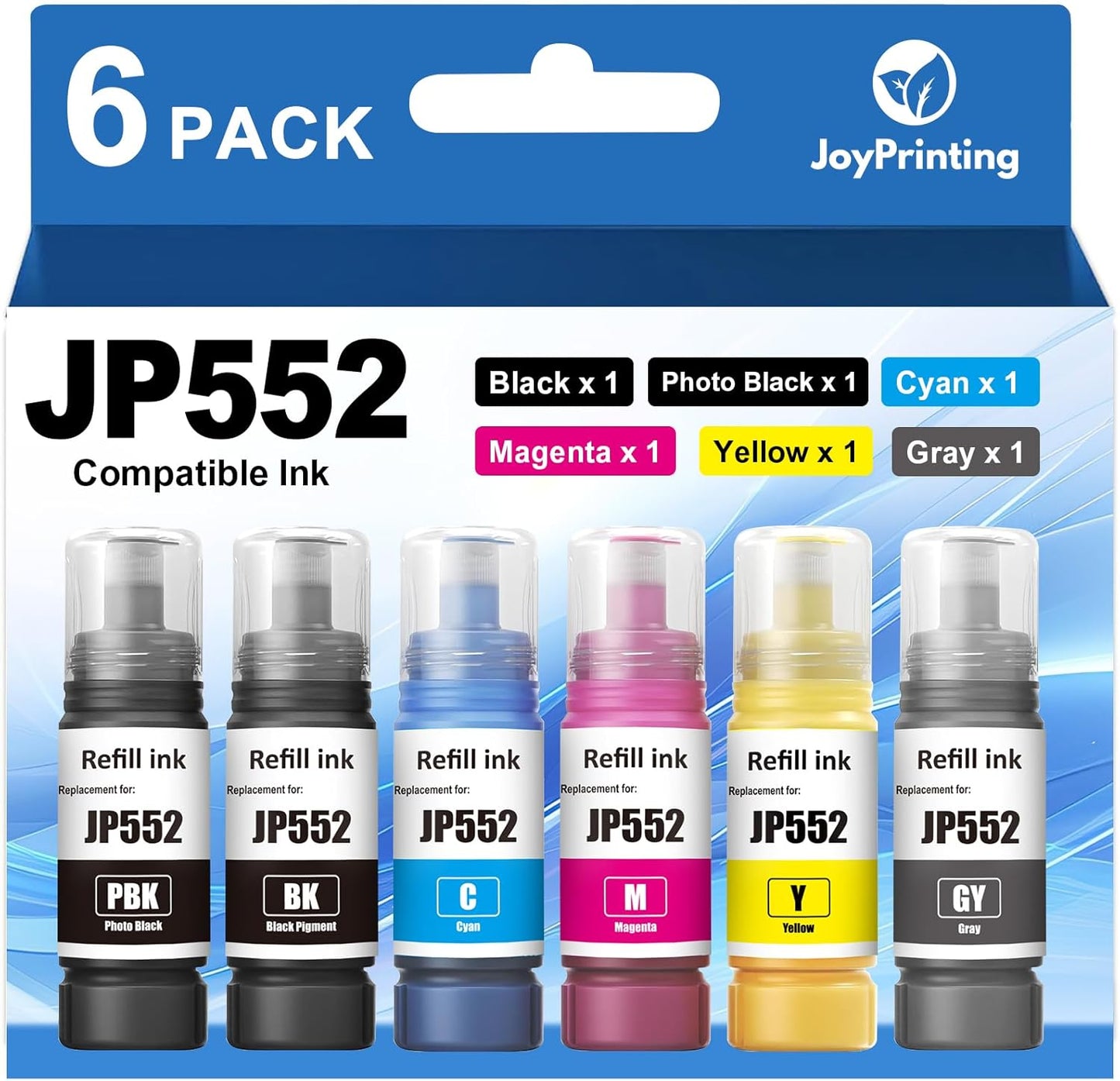 552 Ink Refill Bottles 6 Pack Compatible 552 Ink Bottles T552 Ink High Capacity Work for ET-8550 ET-8500 Printers (BK PB C M Y GY)