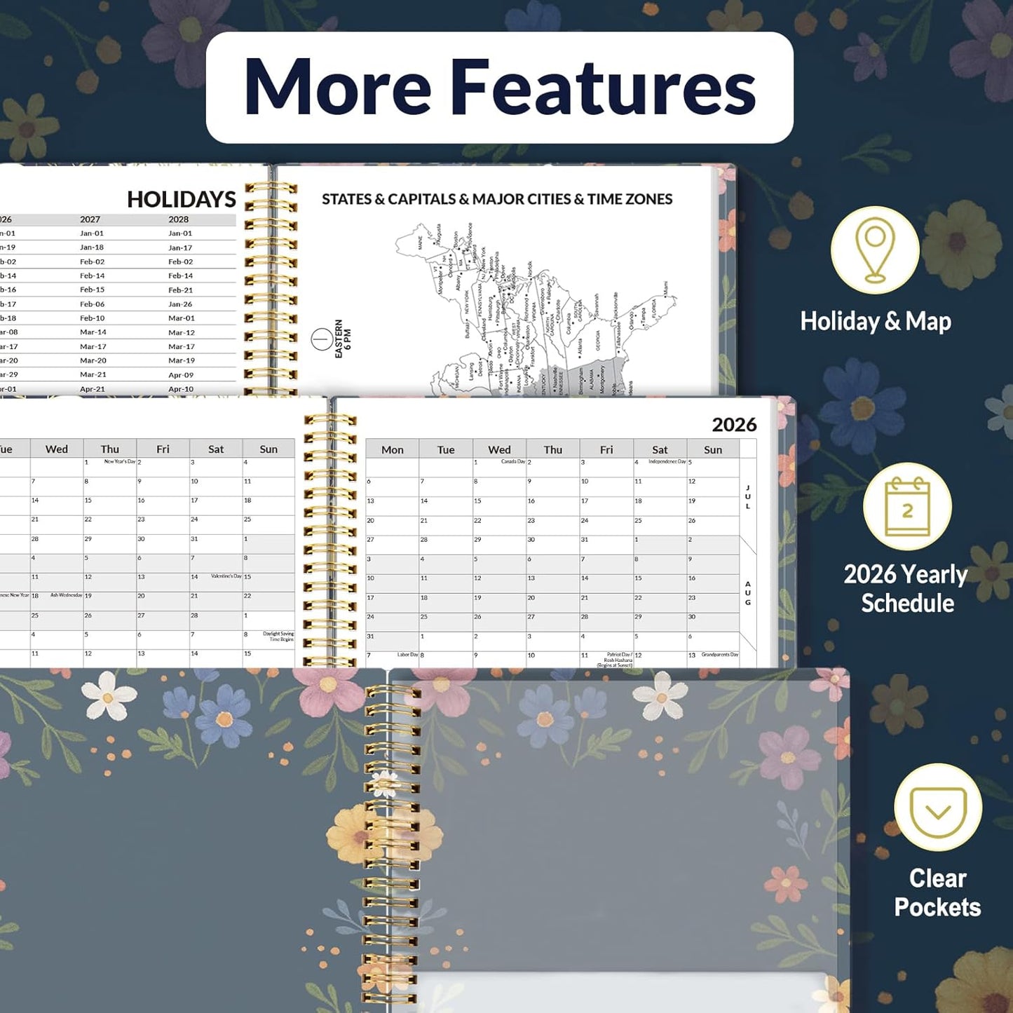 SUNEE 2026 Weekly and Monthly Planner - from January 2026 - December 2026, 8.5"x11" Daily Agenda Planner with Monthly Tab, Flexible Cover, Note Pages, Pockets, Bookmark, Spiral Binding, Navy Flower