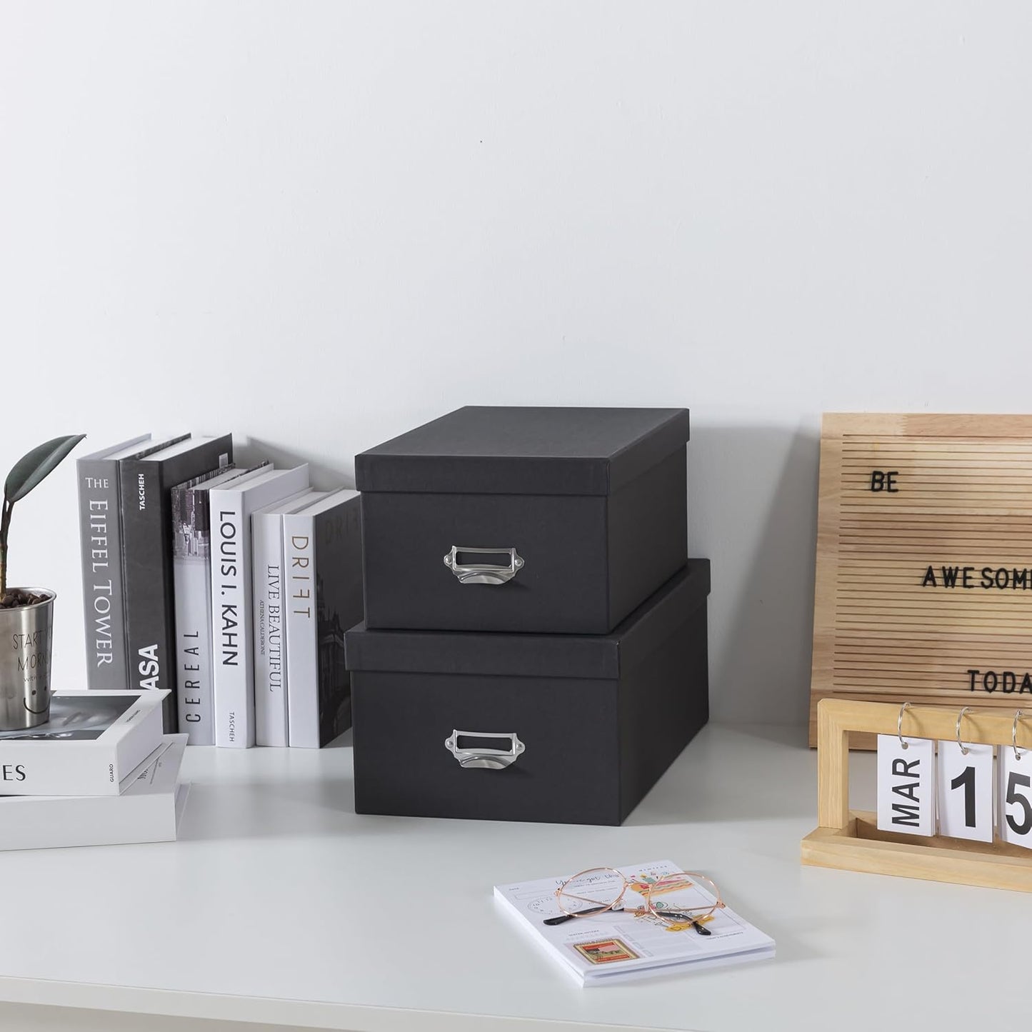 Soul & Lane Black Decorative Cardboard Storage Boxes with Lids, Set of 2 Stacking Keepsake Photo and Memory Boxes for Home & Office, Elegant Paperboard Organizers with Label Holders and Drawer Pulls