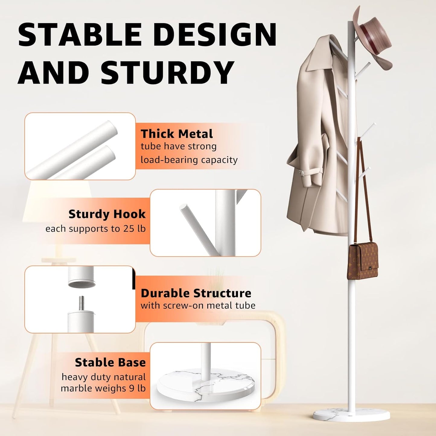 Coat Rack with Natural Marble Base, Metal Freestanding Coat Rack with 8 Hooks, 3 Adjustable Size Sturdy Coat Tree for Bags, Coats, and Hats for Entryway, Hallway, Bedroom, Office, White