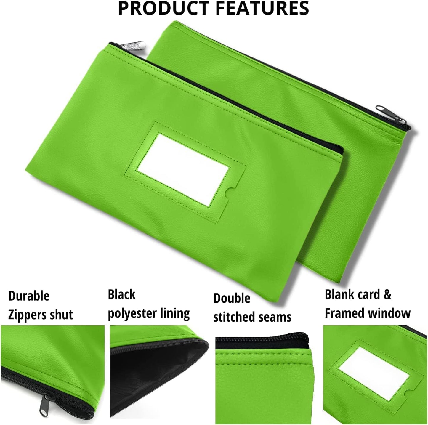 Money Bank Deposit Bag with Zipper | 11x6 inch | Light Green | Durable Leatherette Money Cash Coin Check Wallet Pouch for Men & Women with Framed ID Window and Blank Card | by GIDABRAND (10)