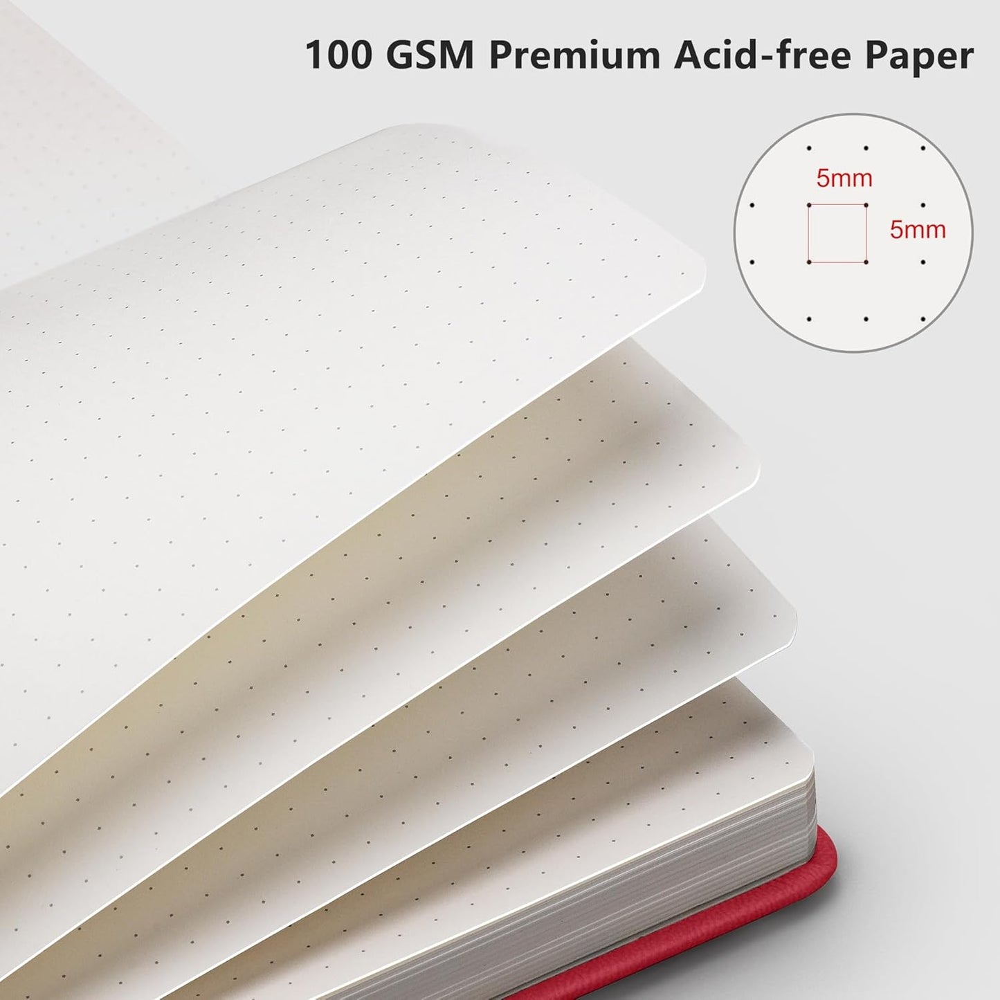 RETTACY Bullet Dotted Journal Notebook, 192 Pages, A5 Medium Size (5.7'' x 8.3''), Leather Hardcover, 100 GSM Thick Paper, for Bullet Journaling, Planning, Tracking (Red)